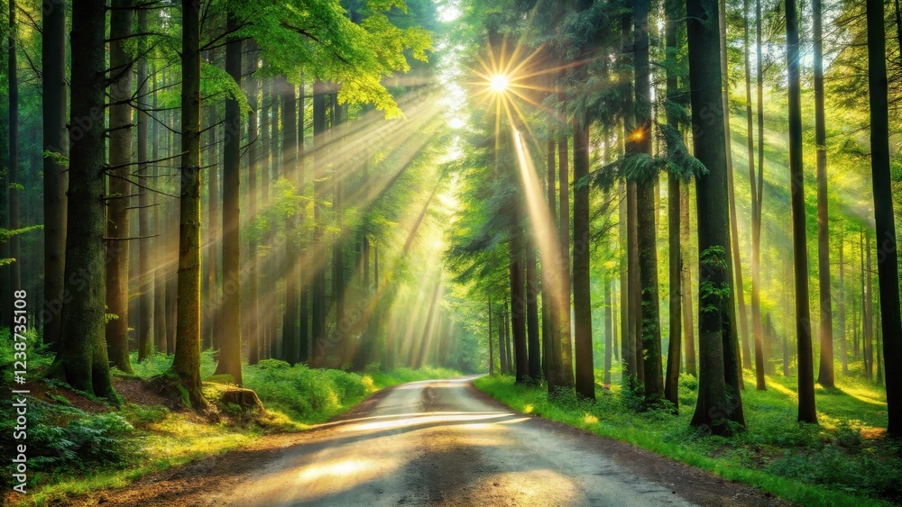 Poster sunlit path through a verdant forest, beams of light illuminating a winding road
