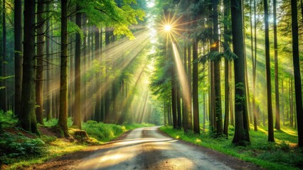 Obraz premium Sunlit Path Through a Verdant Forest, Beams of Light Illuminating a Winding Road