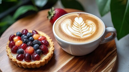 A cozy bistro offering coffee, bakery delights, and decadent desserts. Delicious fruit tart and latte art on a wooden surface.