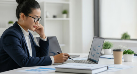 Fototapeta premium A woman in a business suit is sitting at a desk with a laptop and a pen
