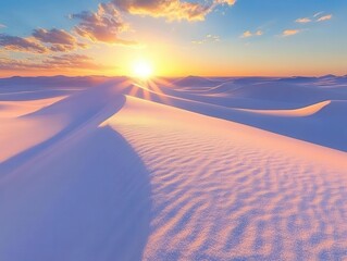 ethereal desert landscape at golden hour, rolling sand dunes create sweeping curves against pristine white backdrop, dramatic shadows and warm light