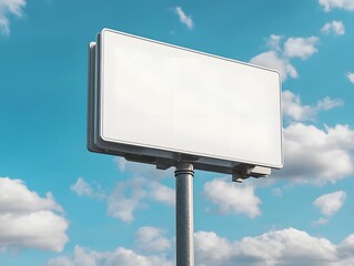 Obraz premium Blank Street Sign Mockup on Metal Pole Against Blue Sky with Clouds
