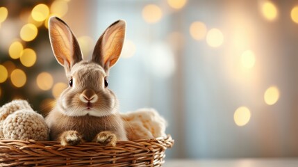 An adorable rabbit relaxes in a cozy nest surrounded by soft textures, evoking feelings of warmth and comfort, perfect for animal lovers and cozy home aesthetics.