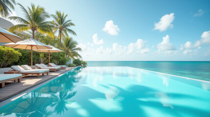 Obraz premium Luxurious infinity pool with palm trees and ocean view under blue sky