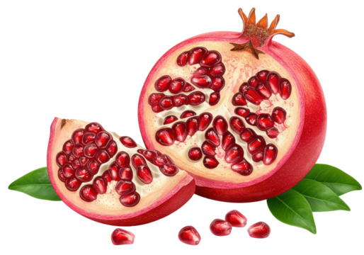 A whole pomegranate with a section cut open revealing red juicy seeds, accompanied by green leaves, isolated on white background