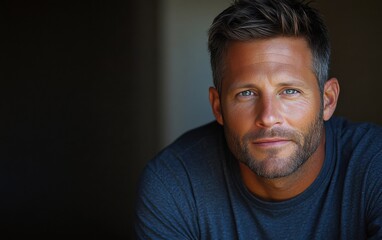 Fototapeta premium handsome man smiling with a mustache and a causal t-shirt