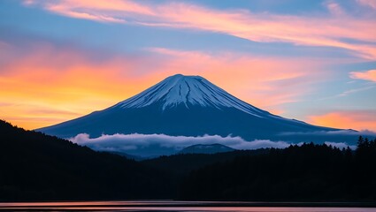Fototapeta premium Majestic Sunrise Over Mount Fuji – Serene Misty Mountains Landscape