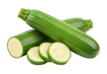 Two fresh green zucchini s stacked with a few slices cut and placed in front, showing the interior texture, isolated on a white background