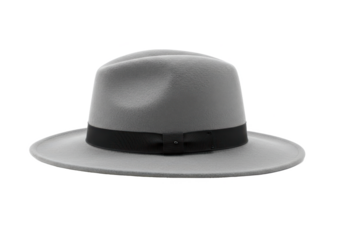 Classic gray fedora hat with black band, isolated on white background