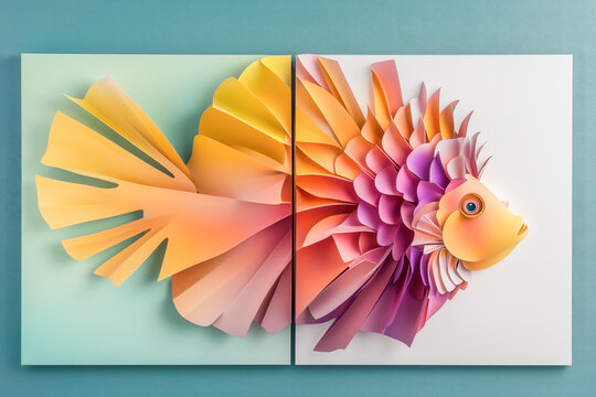Lionfish diptych wall decoration, 2 panels side view, colourful vivid pattern geometric cut paper 3d styling