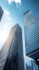 Obraz premium Modern Skyscrapers Reaching Towards a Sunny Sky