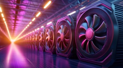 A long perspective shot displaying a row of powerful graphic cards used for crypto mining, showcasing the hardware's sleek design, vibrant neon lights highlighting its futuristic aesthetic and the