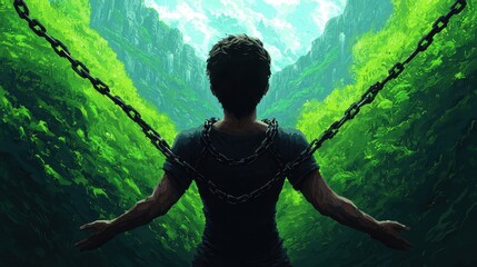 Fototapeta premium Person Breaking Free from Chains in Lush Green Environment