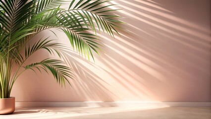 Serene indoor scene with potted palm plant casting sunlit shadows on a pale pink wall