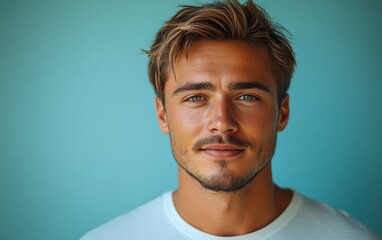 Fototapeta premium handsome man smiling with a mustache and a causal t-shirt