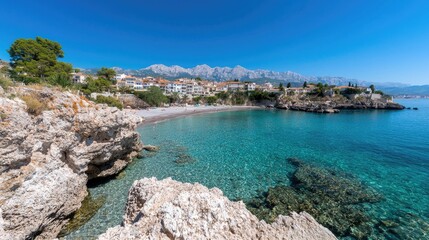 Obraz premium Coastal town beach, clear water, mountain backdrop, summer vacation