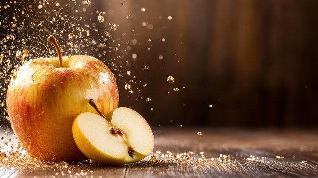 An exquisite image of a fresh apple with a captivating water splash effect, representing freshness and vitality, evoking feelings of rejuvenation and temptation in viewers.