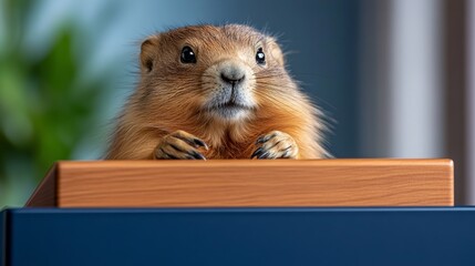 Fototapeta premium Small brown animal with a black nose and black eyes is looking up at the camera. The animal is sitting on a wooden box