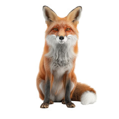 Charming red fox sitting with fluffy tail and pointy ears looking forward