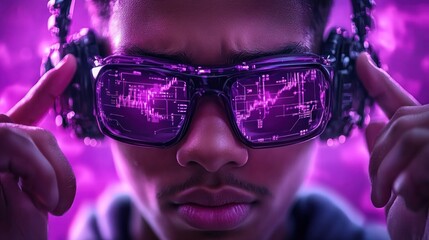 Captivating Futuristic Portrait of a Young Person Wearing Smart Glasses Reflecting Digital Data Streams and Headphones, Engaged in Virtual Reality or Augmented Reality, Set Against a Vibrant Purple