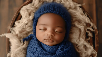 A dark-skinned newborn baby sleeps peacefully in a cozy environment in a blue cap