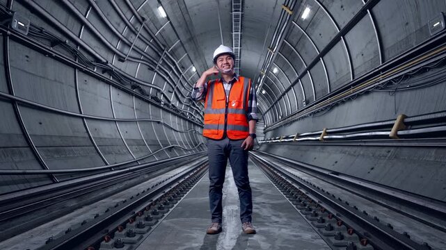 Full Body Of Asian Male Engineer With Safety Helmet Smiling To Camera And Making Call Me Gesture While Standing In Underground Subway Tunnel