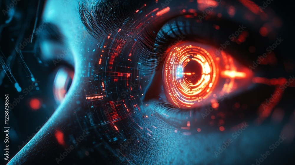 Poster glowing red circuitry envelops an eye, embodying a fusion of human emotion and advanced technology. 