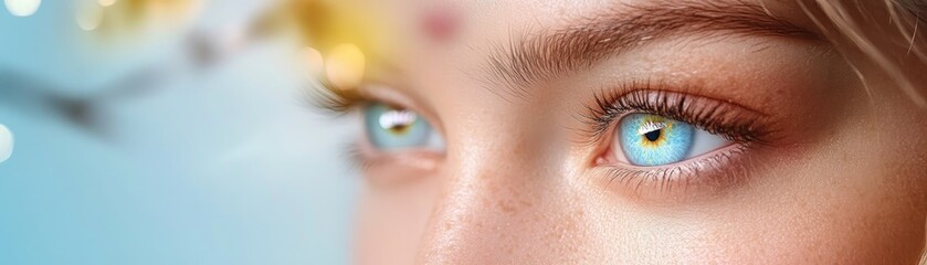 Fototapeta premium Closeup Portrait of Mesmerizing Blue Eyes with Light Bokeh Effect, Perfect for Fantasy Art, Character Concept Design, Detailed Digital Painting, Wallpaper, Eye Study, and Creative Visual Projects