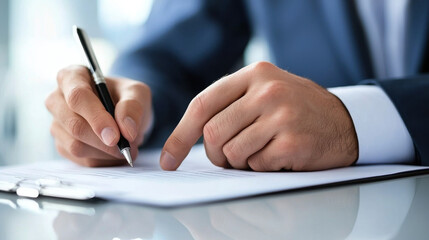 Close up of man signing financial document with pen, showcasing professionalism and attention to detail