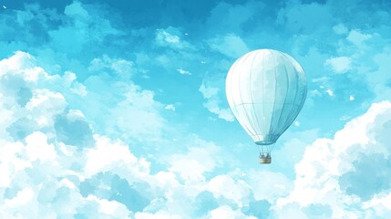 Obraz premium A hot air balloon ascends peacefully into a clear blue sky filled with soft, white clouds on a sunny day, inviting a sense of tranquility and adventure