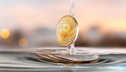 Close-up shot of a golden bitcoin coin partially submerged in clear water, symbolizing the fluidity and volatility of cryptocurrency investments, financial digital assets, and the modern age of tech