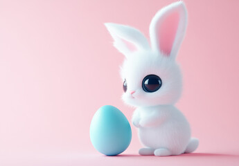 Fototapeta premium A fluffy white bunny with large black eyes leans towards a soft pastel blue egg on a gentle pink backdrop. This adorable scene captures the essence of springtime festivities and joy