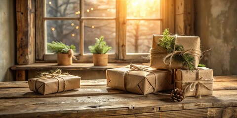 Rustic Christmas presents arranged on a weathered wooden surface by a sunlit window.