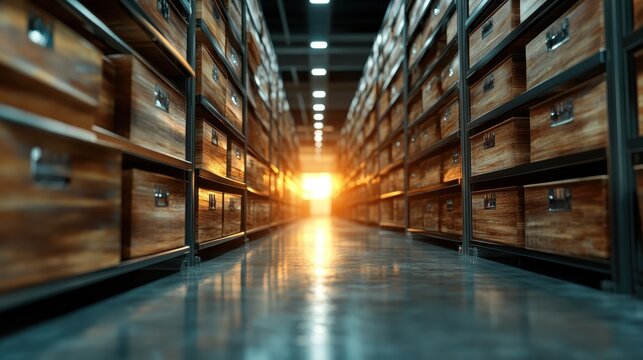 A serene perspective that captures a long aisle of wooden drawers in an archival hall, illuminated by soft, warm light highlighting the beauty of organization.