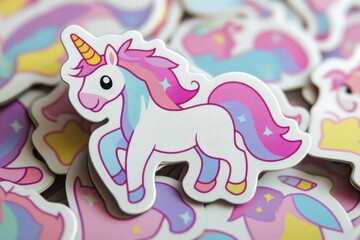 Fototapeta premium Colorful unicorn sticker surrounded by playful designs, showcasing creativity and imagination on a vibrant background