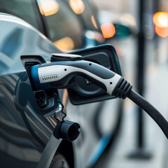 A modern electric vehicle charging station in an urban environment, highlighting renewable energy, sustainability, and the shift towards zero-emission transportation and innovative mobility solutions.