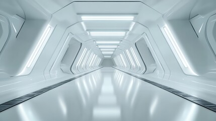 Obraz premium Futuristic Corridor Design with Clean White Surfaces and Geometric Shapes Illuminating A Pathway