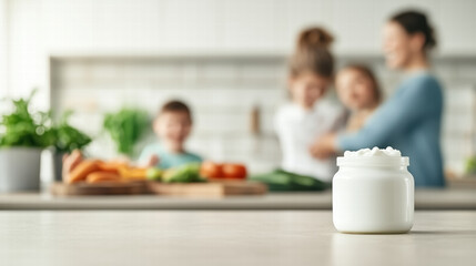 A jar of fresh dairy products sits prominently on a kitchen table, with a family enjoying time together in blurred background, representing healthy cooking and joyful moments.