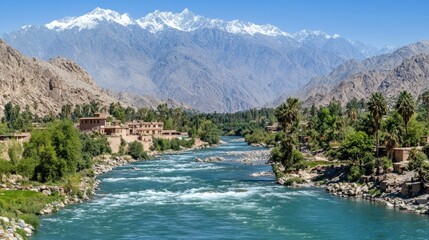 Obraz premium A river winds through a lush valley, bordered by towering mountains and dotted with vegetation and buildings under a clear blue sky in broad daylight