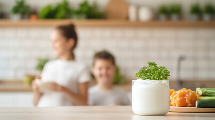 Refreshing dairy product with parsley sits on a kitchen table, complemented by vibrant vegetables, while two people are enjoying the cooking atmosphere in the background.