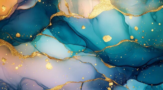 Carta da parati con colori blu, giallo e viola che esprimo un effetto acqua e oro