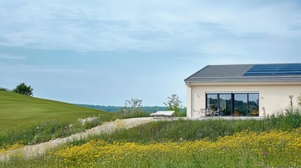 Modern House with Solar Panels Surrounded by Green Landscape