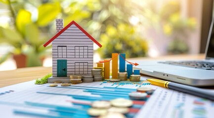 Concetto legato agli investimenti immobiliari o alla finanza immobiliare. Modellino di una casa sopra un documento con grafici e diagrammi finanziari, pile di monete d'oro.