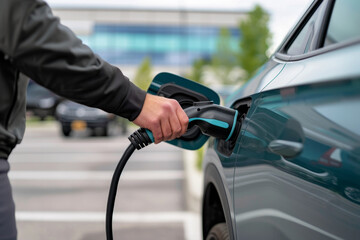 A hand plugging a charger into an electric vehicle at a modern charging station, symbolizing sustainable mobility, renewable energy, and eco-friendly transportation in urban business environments.