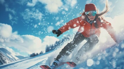 Energetic Snowboarder in Vibrant Orange Jacket Amidst Snowy Mountains