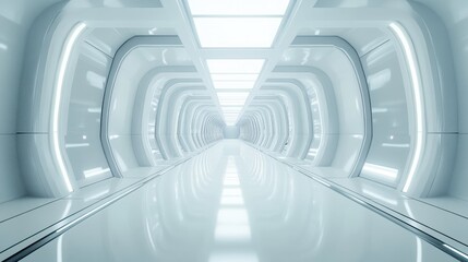 Obraz premium Futuristic Hallway Space Interior with White Walls and Minimalist Design Clean and Modern Style