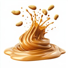 Crunchy peanut butter splash with smooth waves and peanuts flying in mid-air isolated on white background