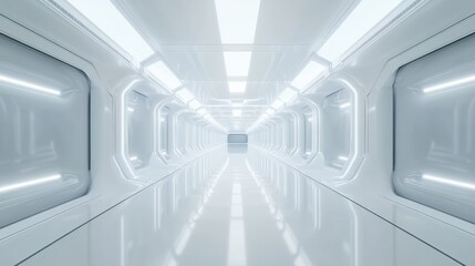 Obraz premium Futuristic Interior White Hallway With Glossy Floor And Rectangular Light Panels In Series