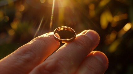 A gold wedding ring on a finger, the sunlight highlighting its smooth surface, 