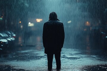 Man standing alone in rain, city night